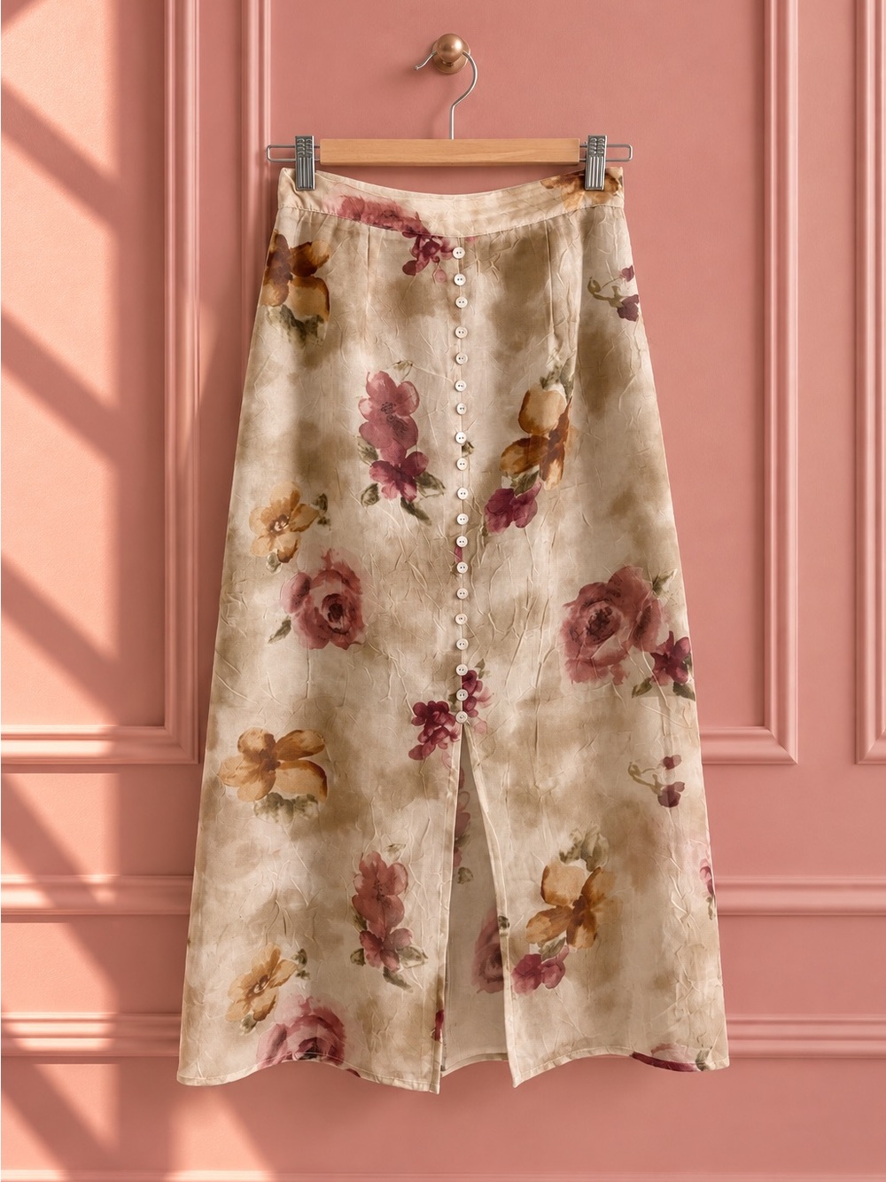 Vintage Floral Button-Front Midi Skirt in Cream and Pink